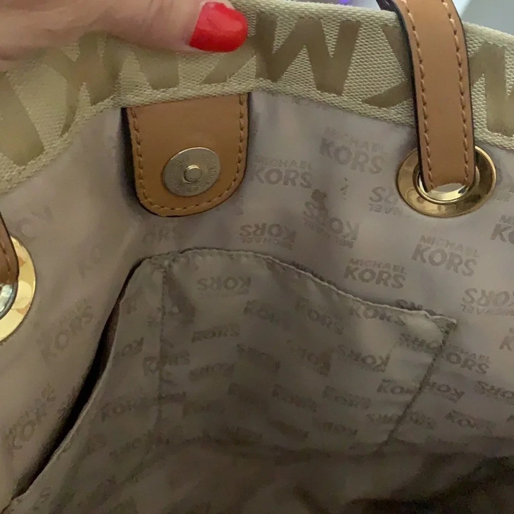 Michael Kors MK monogrammed print tan large shoulder bag with tan leather straps